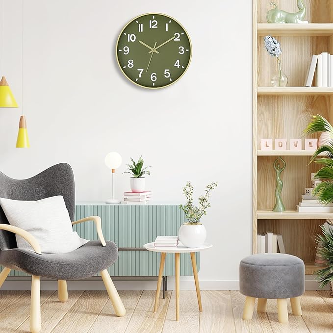 Foxtop Modern Wall Clock Silent Non-Ticking Battery Operated Round Quartz 12 Inch Wall Clock for Bedroom Living Room Kitchen Home School Office Decor (Olive Green and Gold)