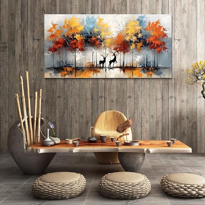 Lapremoly Framed Wall Decor For Bedroom Large Wall Art For Living Room Modern Office Decor Textured Abstract Wall Pictures Elk Forest Landscape Paintings Canvas Art Prints Home Decorations Artwork