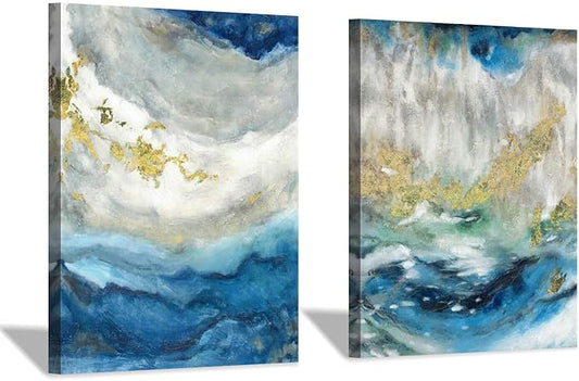 Hardy Gallery Abstract Painting Canvas Wall Art: Blue Picture Hand Painted Artwork for Living Room (24'' x 18'' x 2 Panels)