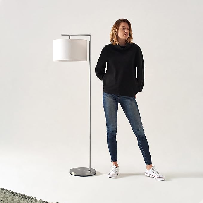 Brightech Montage Modern Floor Lamp - LED Standing Lamp with White Shade and Adjustable Color for Living Rooms & Offices - Tall Corner Bedroom Reading Light for Contemporary Home Decor - Satin Nickel