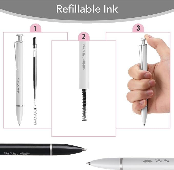 Mr. Pen- Metal Retractable Gel Pens, 2 Pack, Black Ink, 2 Refills, Fine Point 0.7 mm, Fast Dry, Smooth Writing, Cute Pens for Drawing, Writing Planner and School Supplies