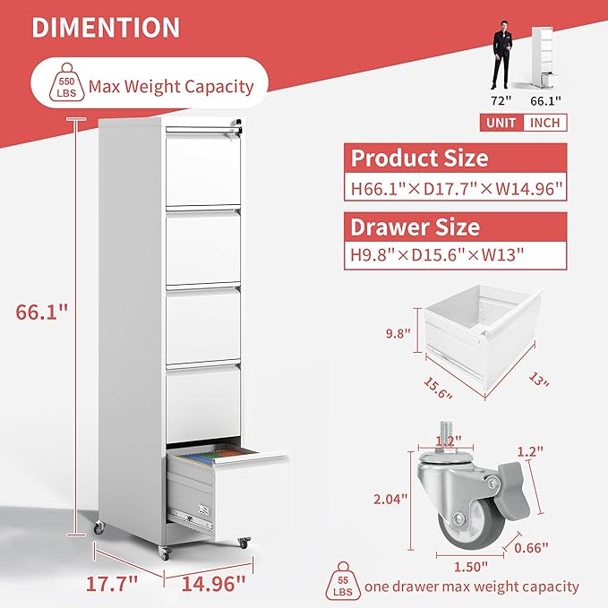 5 Drawer Mobile File Cabinet with Lock,White Metal Filing Cabinets with Wheels,Vertical File Cabinet for Home Office,Heavy Duty Storage Cabinet for A4/Letter/Legal Size File,Assembly Required