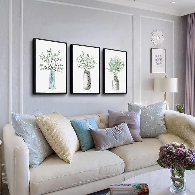 AHUASJART Large Size Wall Art For Living Room Black Framed Canvas Wall Decor For Bedroom Wall Painting For Kitchen Dining Room Modern Office Decoration Green Leaf Vase Wall Pictures Home Walls Art
