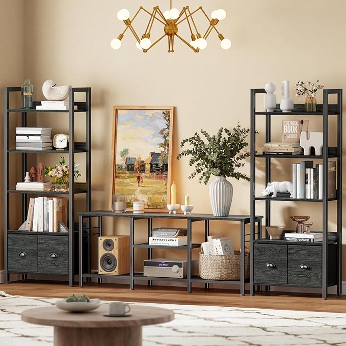 Furologee 5-Tier Bookshelf Set of 2, Tall Bookcase with 2 Drawers and Shelves, Industrial Display Free Standing Shelf Units, Storage Rack Organizer for Bedroom, Living Room, Home Office, Black Oak