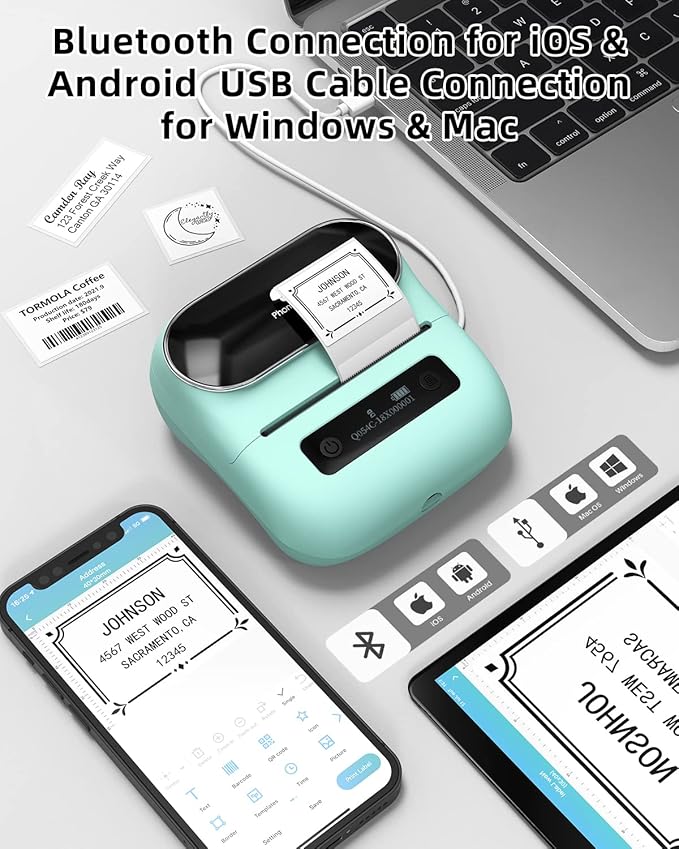 Phomemo M220 Label Maker Green & 1 Roll Transparent Thermal Label 2.36" x 1.57"(60x40mm), Upgrade 3 Inch Barcode Portable Printer, for Office & Small Business, Compatible with Phones&PC