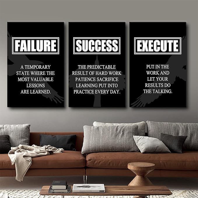 3 Pieces Inspirational Canvas Wall Art Motivational Entrepreneur Quotes Picture Painting Failure Success Execute Noun Poster Print for Living Room Office Gym Wall Decor Ready to Hang [72''Wx36''H]