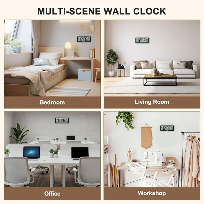 Soobest 8.5 Inch Digital Wall Clock Battery Operated with Backlight, Temperature, Date, Day & Auto DST, Black Slim Design for Elderly, Bedroom, Living Room, Office