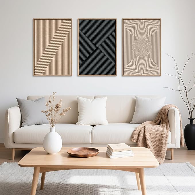 Ausril 3 Pcs Neutral Abstract Framed Wall Art, Mid Century Modern Canvas Wall Decor, Boho Geometric Line Wall Painting, Beige Minimalist Textured Art Print for Living Room Bedroom Office - 24x36inch