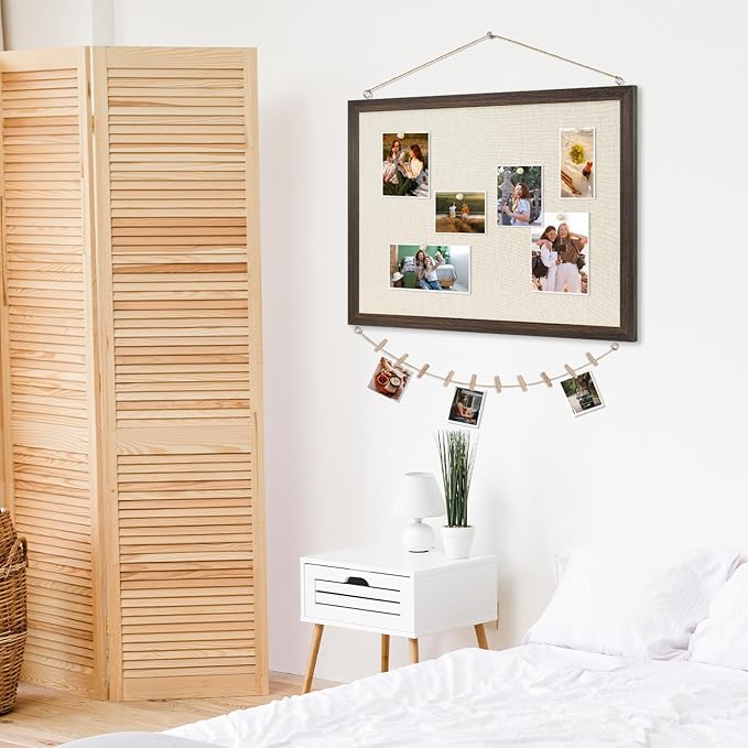 DOLLAR BOSS Bulletin Board with Linen 24'' x 18'' Wood Framed Cork Boards for Walls, Photo Display Pin Board, Decorative Corkboard for Office Home School Dorm Decor with 10 Pushpins, Dark Walnut