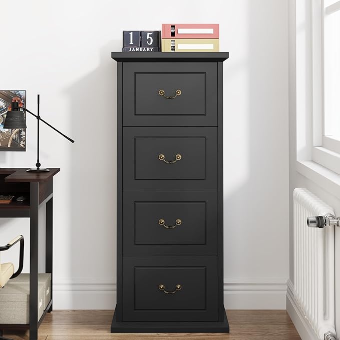 Tribesigns 4-Drawer File Filing Cabinet Set of 2, Vertical File Cabinet Hofice Wood Filing Cabinet for A4 /Letter Size Narrow Tall File Storage for Honhe Office, Black