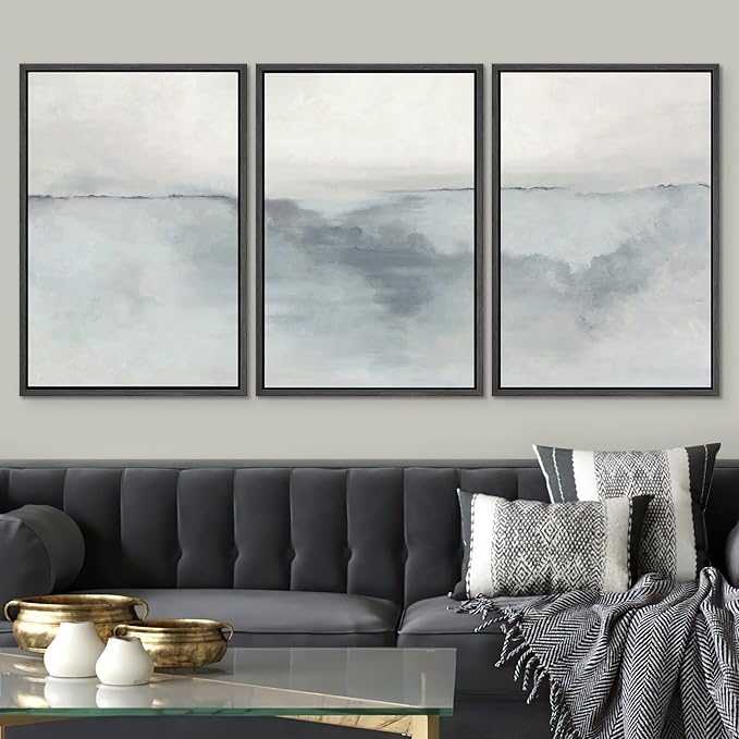 SIGNWIN Framed Canvas Print Wall Art Set Pastel Watercolor Gray Paint Stroke Landscape Abstract Shapes Illustrations Decorative Relax/Calm Zen for Living Room, Bedroom, Office - 16"x24"x3 Black