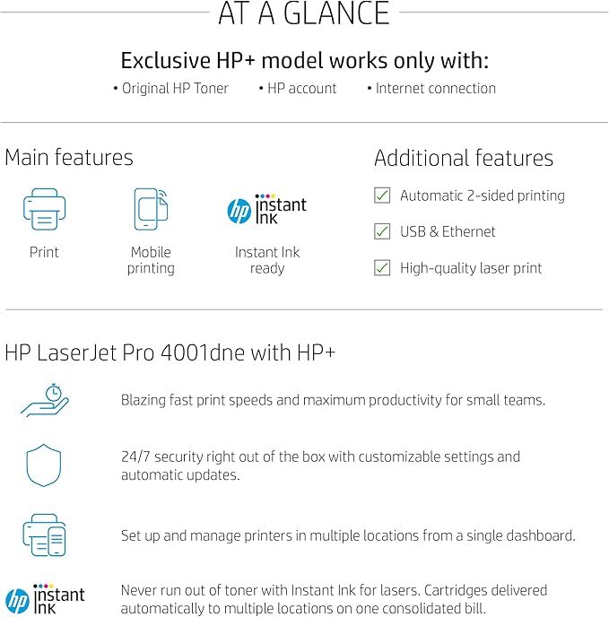 HP LaserJet Pro 4001dne Black & White Printer with HP+ Smart Office Features (Renewed)