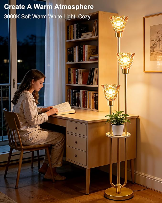 3-Light Modern Glass Floor Lamp with Shelf, Gold Tall Standing Lamp with Amber Flower Glass Shade, LED Floor Lamp with Foot Switch for Living Room Bedroom Home Decor, Bulb Included