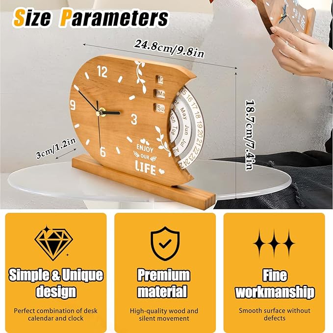 2-in-1 Natural Wood Desk Clock & Calendar - Battery Operated Silent Non-Ticking Analog Table Clocks Perpetual Calendar for Office, Bedroom, Study, Bedside - Vintage Home Shelf Desktop Decor