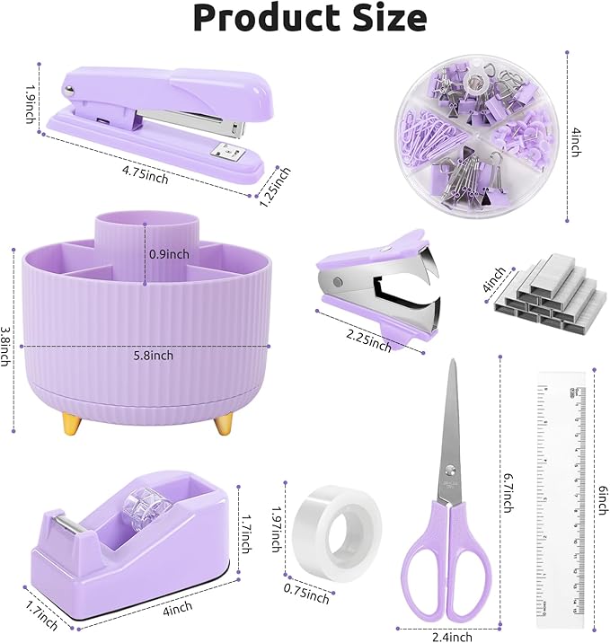 Office Accessories, 10Pcs, 360-Degree Rotating Pen Holder, Office Supplies Include Stapler, Tape, Tape Holder, Scissors, Ruler, Staple Remover, 1 Box of Staples, Paper Clips Kit for Office School