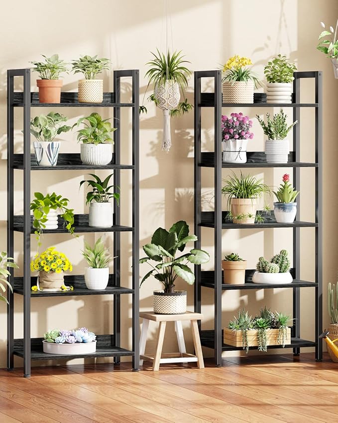 Furologee 5-Tier Bookshelf Set of 2, Tall Bookcase with 2 Drawers and Shelves, Industrial Display Free Standing Shelf Units, Storage Rack Organizer for Bedroom, Living Room, Home Office, Black Oak