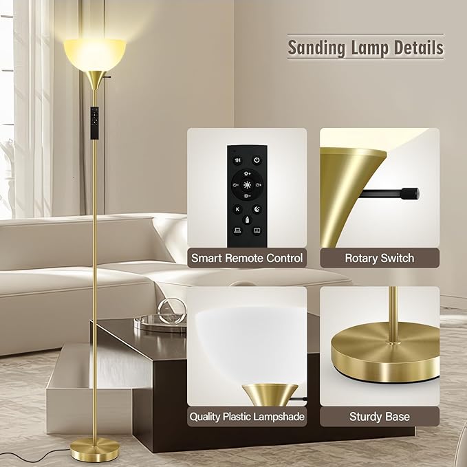 Floor Lamps for Living Room, 71'' Torchiere Floor Lamps with Remote, 2700K-6500K Colors Temperature & Brightness Adjustable, 10W/1200LM Gold Dimmable Floor Lamp,Tall Standing Lamp for Bedroom/Office
