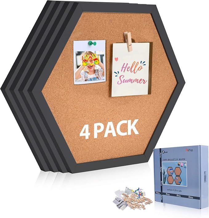 AkTop Cork Bulletin Board Hexagon 4 Pack, Small Framed Corkboard Tiles for Wall, Thick Decorative Display Boards for Home Office Decor, School Message Board with 16 Push Pin Wood Clips, Black