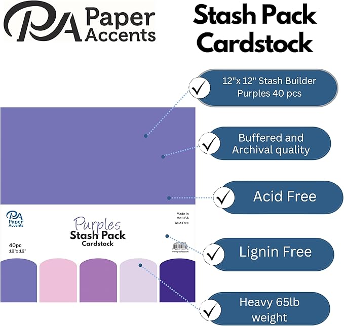 PA Paper Accents Stash Pack Cardstock Pack 12" x 12" Purples colored cardstock paper for card making, scrapbooking, printing, quilling and crafts, 65lb., 40 pieces