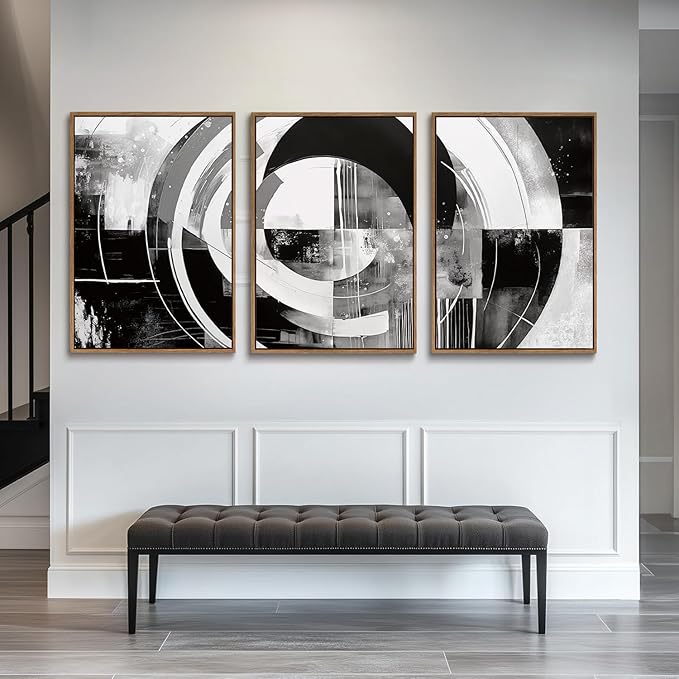 myusuar 3 Piece Large Modern Abstract Canvas Framed Wall Art For Living Room, Black And White Rings Minimalist Wall Art Decor Posters Prints For Bedroom Office, 24x36in