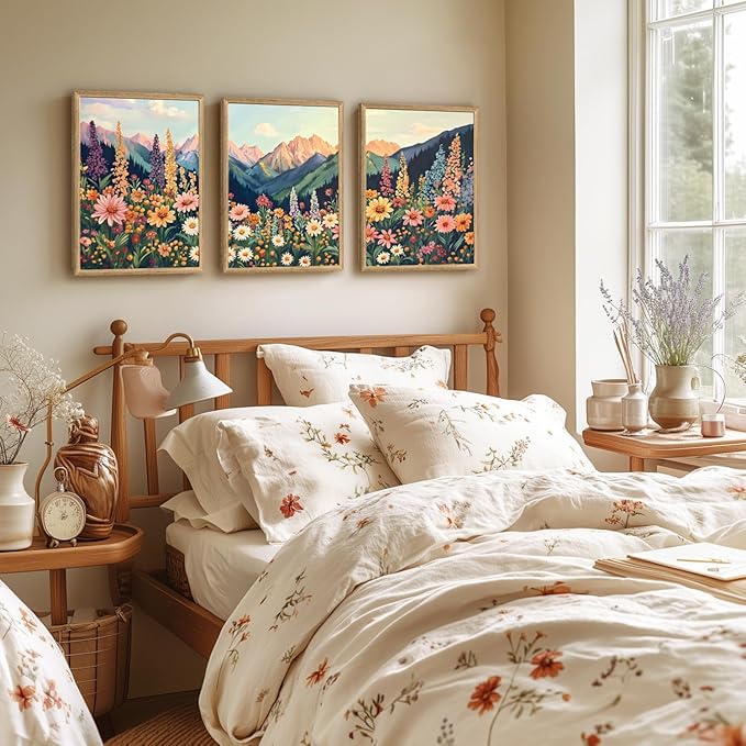 Hianan Mount Daisy Wildflower Landscape Wall Art, Colorful Floral Wall Decor, Boho Sunset Landscape Canvas Painting, Bright Botanical Poster Prints for Living Room Bedroom Wood Framed 16"x24"x3