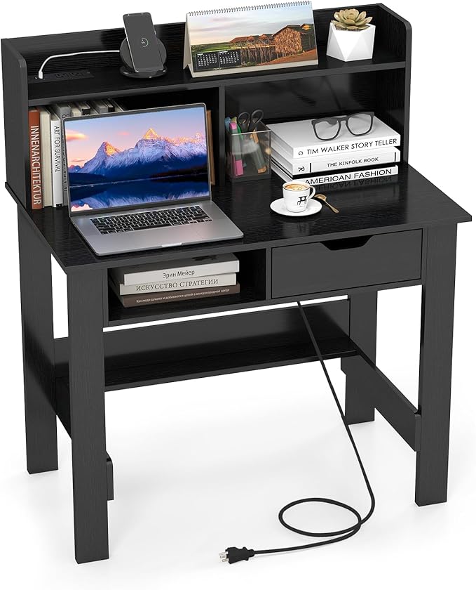 Giantex Computer Desk with Hutch, Home Office Desk with Power Outlets, USB Ports, Type-C, Storage Shelf & Drawer, Modern Laptop PC Table Computer Workstation, Study Writing Desk for Bedroom, Black