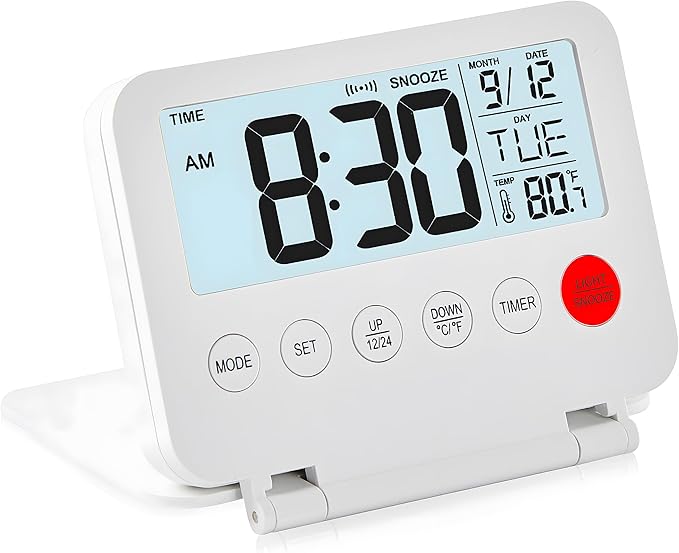Small Digital Travel Alarm Clock, Large LCD Display Front Button with Date & Temperature, Snooze and 8 Seconds Backlight AAA Battery Operated Desk Clock for Home & Office, White