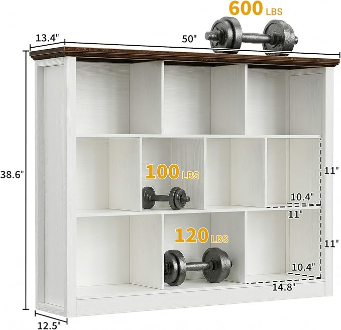 Unikito 10 Cube Storage Book Shelf - 50" Wide Wood Cube Storage Organizer, Wooden 3 Tiers Floor Standing Low Bookcase for Living Room, Bedroom, Home Office, Kids Room