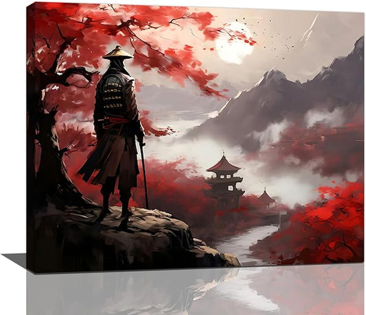 yerretin Japanese Bushido Wall Art Samurai Pictures Wall Decor Ancient Japan Warrior Canvas Landscape Painting Home Decoration Artwork for Bathroom Bedroom Living Room Office Framed 20"x16"