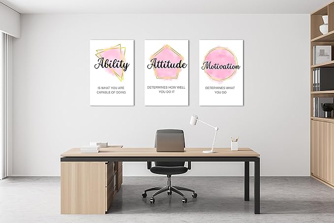 3 Piece Office Canvas Wall Art, Motivational Quotes Pink Geometric Figures Canvas Print Pictures Wall Decor for Office, Men Women Inspirational Framed Artwork Home Office Decor 20"x30" x 3 Pcs