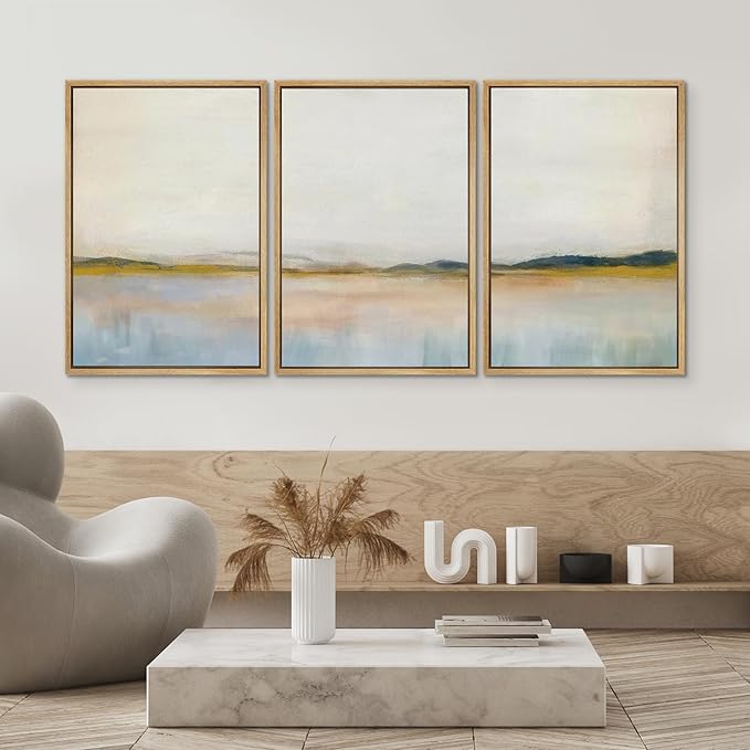 SIGNWIN Framed Canvas Print Wall Art Set Grunge Watercolor Pastel Lake Landscape Nature Abstract Illustrations Fine Art Decorative Nordic Rustic for Living Room, Bedroom, Office - 16"x24"x3 Natural