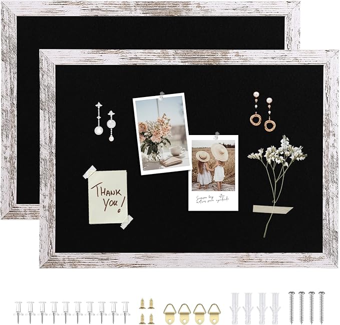 Black Felt Bulletin Board, 17x13 inches Decorative Hanging Bulletin Boards for Walls with Wood Frame, Pin Board Vision Board for Office Home Kitchen and School with Pins (4333,WH,2pc)