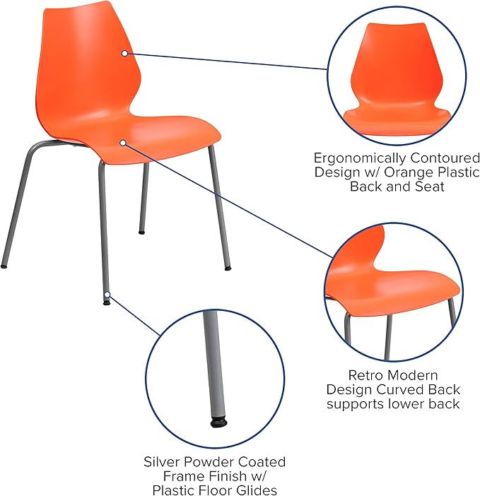 Flash Furniture HERCULES Series 770 lb. Capacity Orange Stack Chair with Lumbar Support and Silver Frame