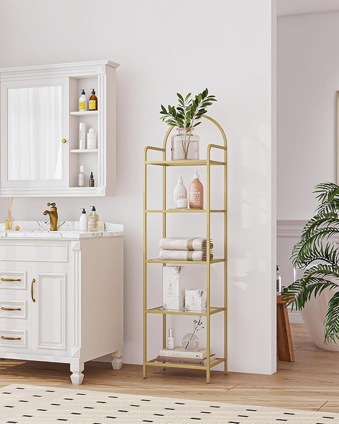 Bookcase Bookshelf, Tempered Glass Bookshelves, Slim Shelving Unit for Bedroom, Bathroom, Home Office, Steel Frame, 5 Tier Gold BC05001G