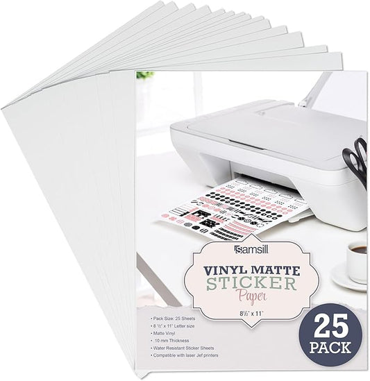 Samsill 25 Pack Matte White Sticker Paper 8.5x11 inch Inkjet Laser Printable Vinyl Full Size Sticker Paper, Adhesive Label Sheets, Bulk Sticker Paper