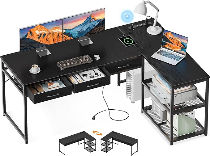 AODK 61 Inch L Shaped Computer Desk with Drawers, Corner Desk with Power Outlets & Reversible Storage Shelves, for Home Office Gaming, Black