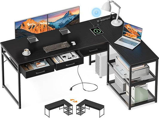 AODK 61 Inch L Shaped Computer Desk with Drawers, Corner Desk with Power Outlets & Reversible Storage Shelves, for Home Office Gaming, Black