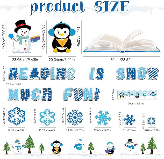 Winter Reading Bulletin Board Decoration Set Snowflake Snowman Penguins Cutouts Christmas Winter Snowflake Bulletin Board Borders Classroom Decorations for Holiday Party School Home Door Wall(Winter)