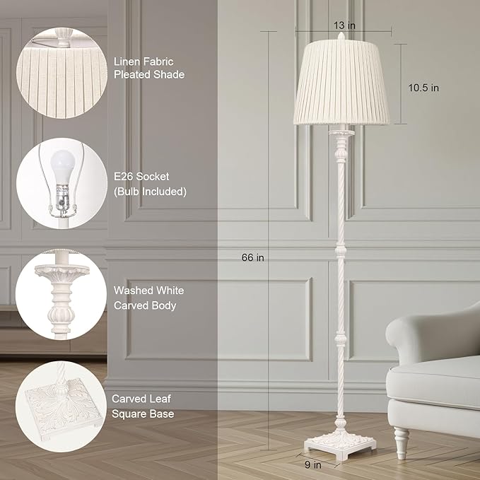 Vintage Floor Lamp for Living Room with 3-Way Dimmable LED Bulb, 66" Tall Rustic Standing Lamp for Bedroom with Linen Pleated Shade and Rotary Switch, Retro Farmhouse Corner Lamp for Office, House