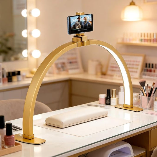 FAHKNS Half Moon Light for Nail Desk with Phone Holder, 29IN Folding Half-Moon Light, LED Lamp for Nail Art, Eyelash Extension, Tattooing, 3 Color Temperature, Golden