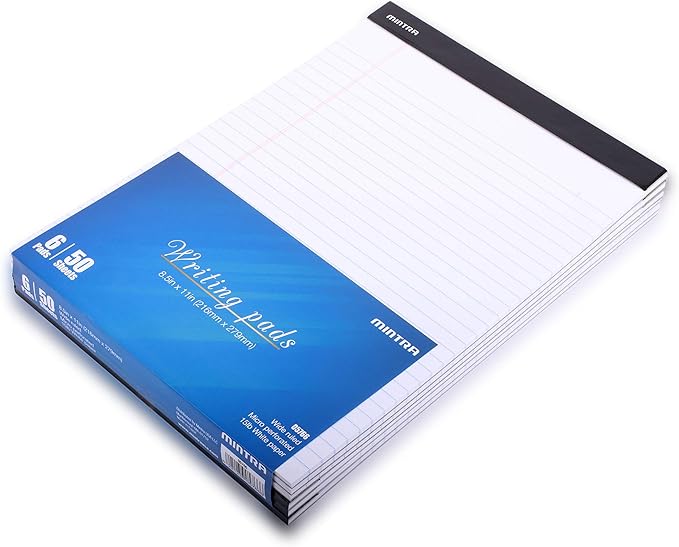 Mintra Office White Legal Pads – Ruled Notepads and Micro-Perforated Sheets, Ideal for Writing, Note-Taking & Creativity, Office, or Professional Use, Basic Pad 6 pack, 8.5"x11" (Wide Ruled)