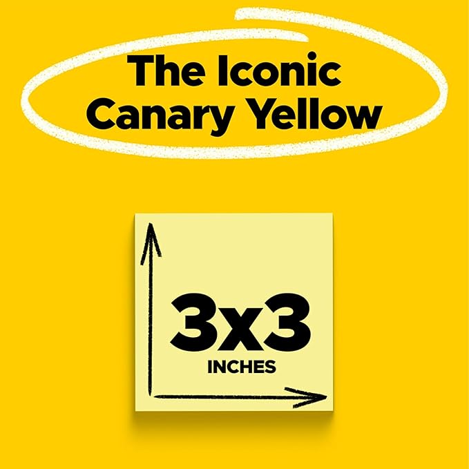 Post-it 100% Recycled Paper Super Sticky Notes, Canary Yellow, 3 in. x 3 in., 5 Sticky Note Pads, 70 Sheets per Pad, School Supplies and Office Products