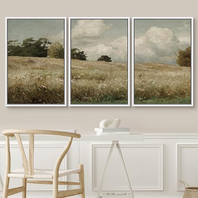 SIGNWIN Framed Canvas Print Wall Art Woodland Nursery Decor Set Watercolor Country Field Landscape Pasture Nature Abstract Fine Art Nordic for Living Room, Bedroom, Office - 16"x24"x3 White