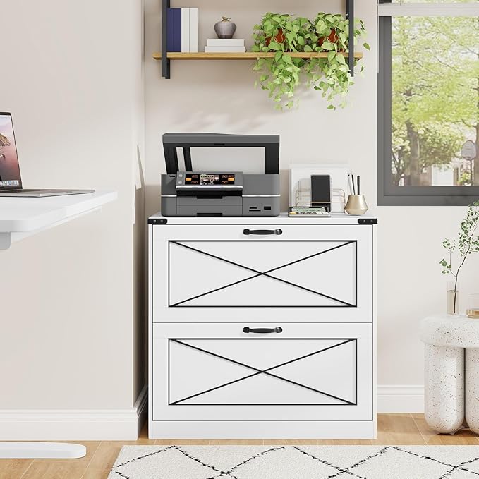 Vabches Lateral File Cabinet with 2 Drawers, Farmhouse Filing Cabinet Office File Cabinet with File Drawers, Wood Rustic Storage Cabinet File Organizer for Home Office, Living Room, White