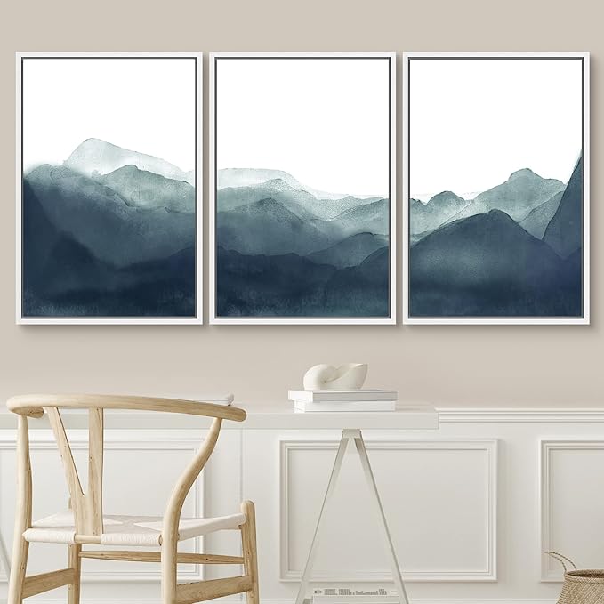SIGNWIN Framed Canvas Print Wall Art Blue & Green Mountains in Fog Nature Wilderness Illustrations Modern Art Rustic Scenic Relax/Calm Cool for Living Room, Bedroom, Office - 24"x36"x3 White