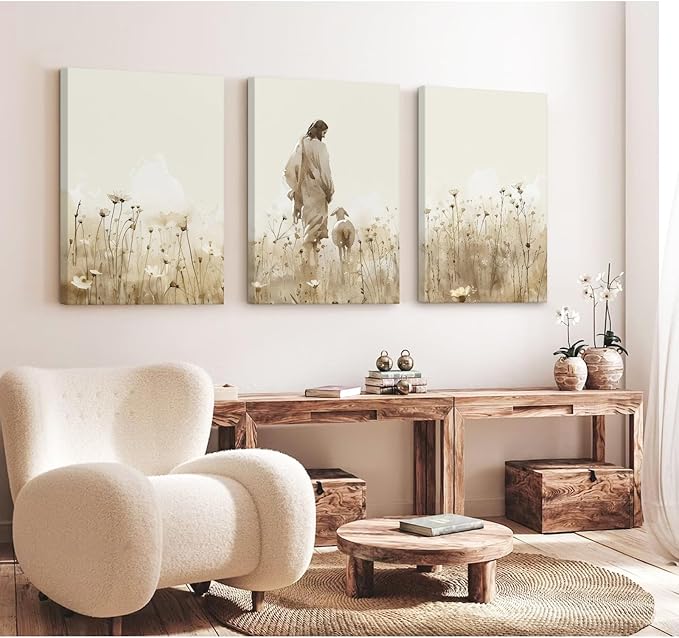 Jesus Leaves the 99 Sheep Wall Art Christian Canvas Poster Jesus and Lamb Wall Decor Religious Pictures Lost Sheep Painting God Christ Painting Artwork for Bedroom Living Room 12x16x3 Inch Ready to Hang