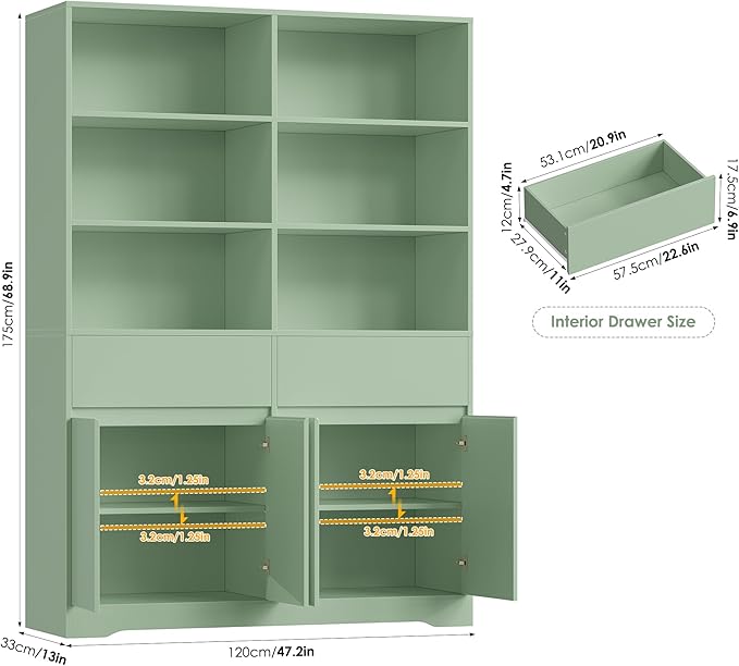 FINETONES 69" Green Bookshelf with Doors, 47.2" Double Wide Bookshelves and Bookcases with Storage, Tall Bookshelf Large Open Book Shelf Standing Book Case for Home Office, Green
