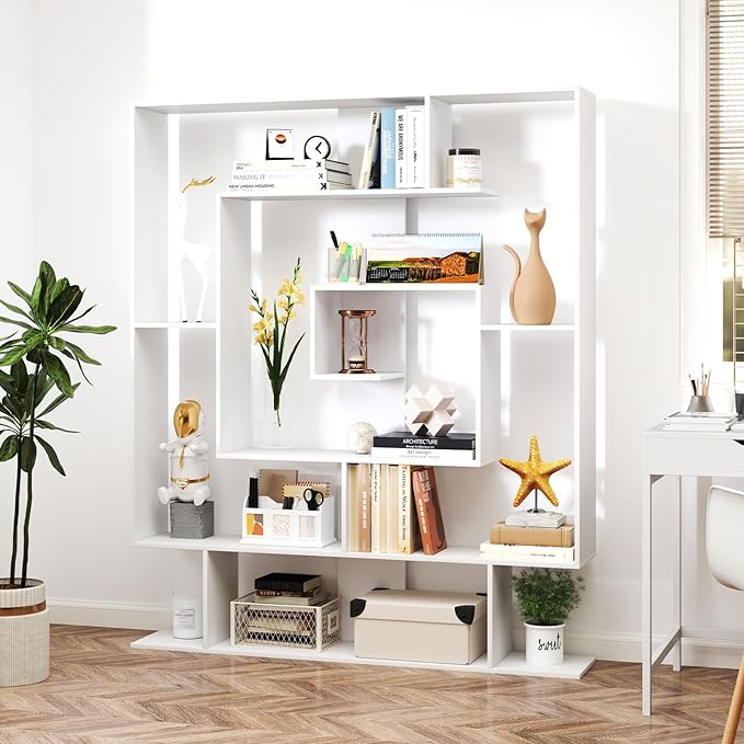 Giantex 7-Tier Geometric Bookshelf with Open Shelves, Modern Bookcase Display Shelf for Living Room Bedroom Study, Freestanding Storage Rack with Anti-Tip Kit, 49.5''L x 8.5''W x 59''H (White)