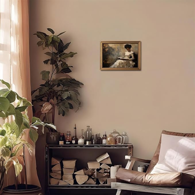 Gold Framed Wall Art Vintage Canvas Wall Art African American Black Girl Reading Book Artwork Prints Picture for Living Room Bedroom Farmhouse Bathroom Office Decor, 12x16