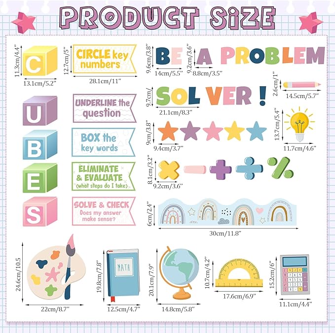 Pajean Math Bulletin Board Mathematics Cubes Classroom Decoration Be a Problem Solver Boho Cutout for Back to School First Day Window Door Wall Elementary Preschool Teacher Supplies